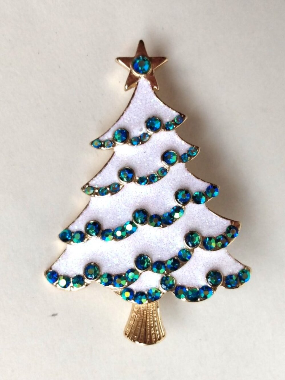 Christmas Tree Rhinestone Iridescent White Enamel Gold Tone Star AB Brooch Pin